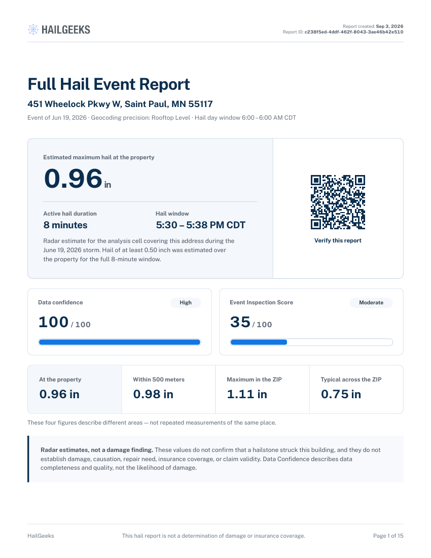 Full Hail Event report, first page of a 15-page example